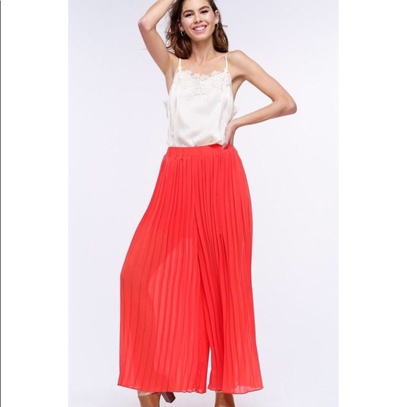 Orange Chiffon Pleated Wide Leg Pants - Picture 1 of 6